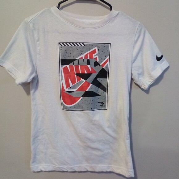Boys White T-shirt (Large, 12–13 Years) with Multi-Colored Logo – Gently Used - Picture 1 of 2
